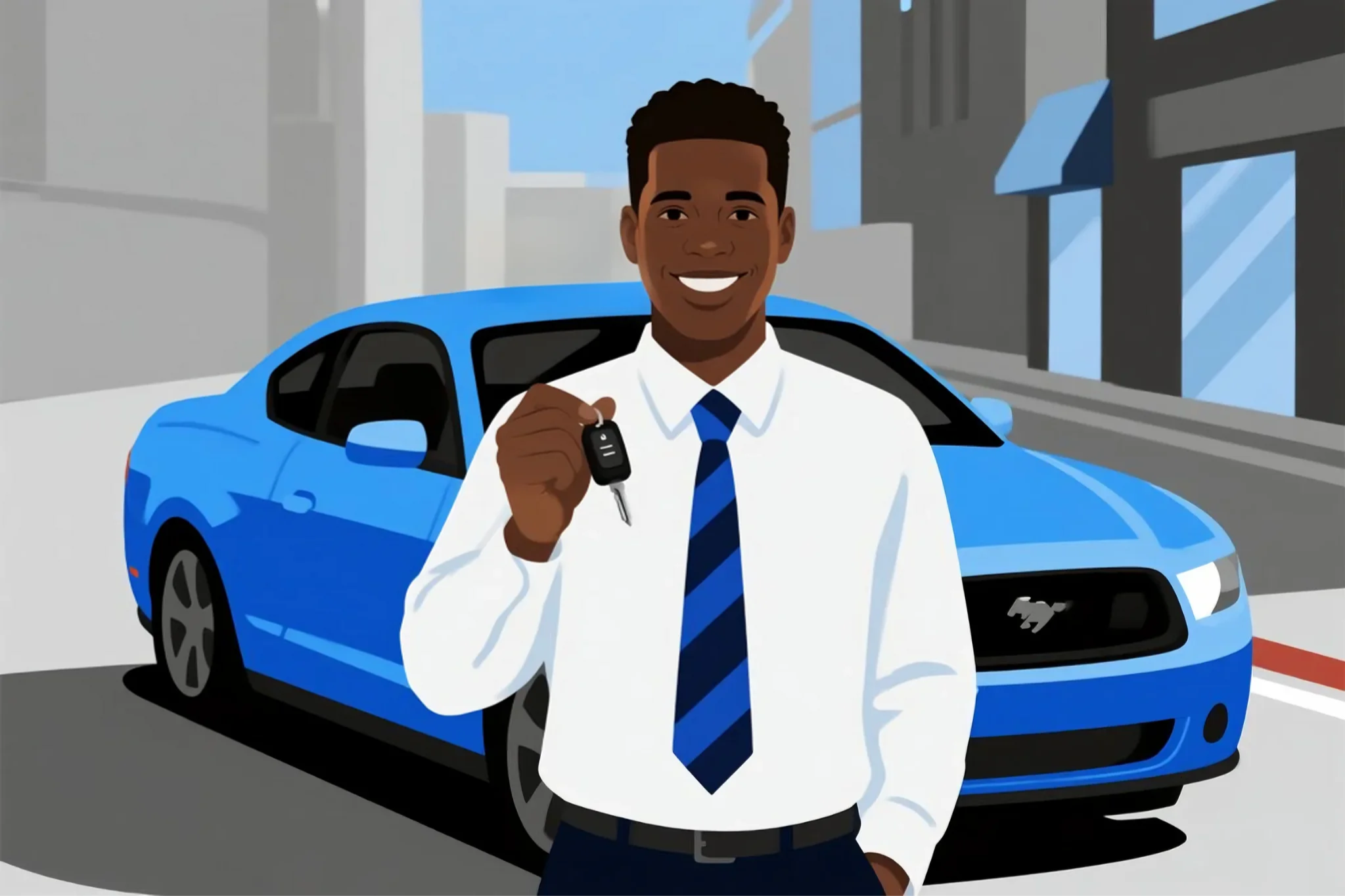 2D illustration: Professional Nigerian driver beside a premium sedan, representing driver careers